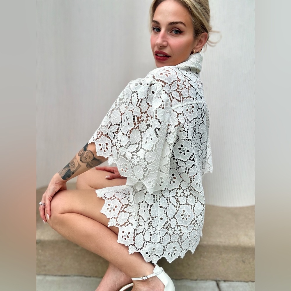 Maeve by Anthropologie Cutout Lace Short-Sleeve Buttondown Shirt NWT!